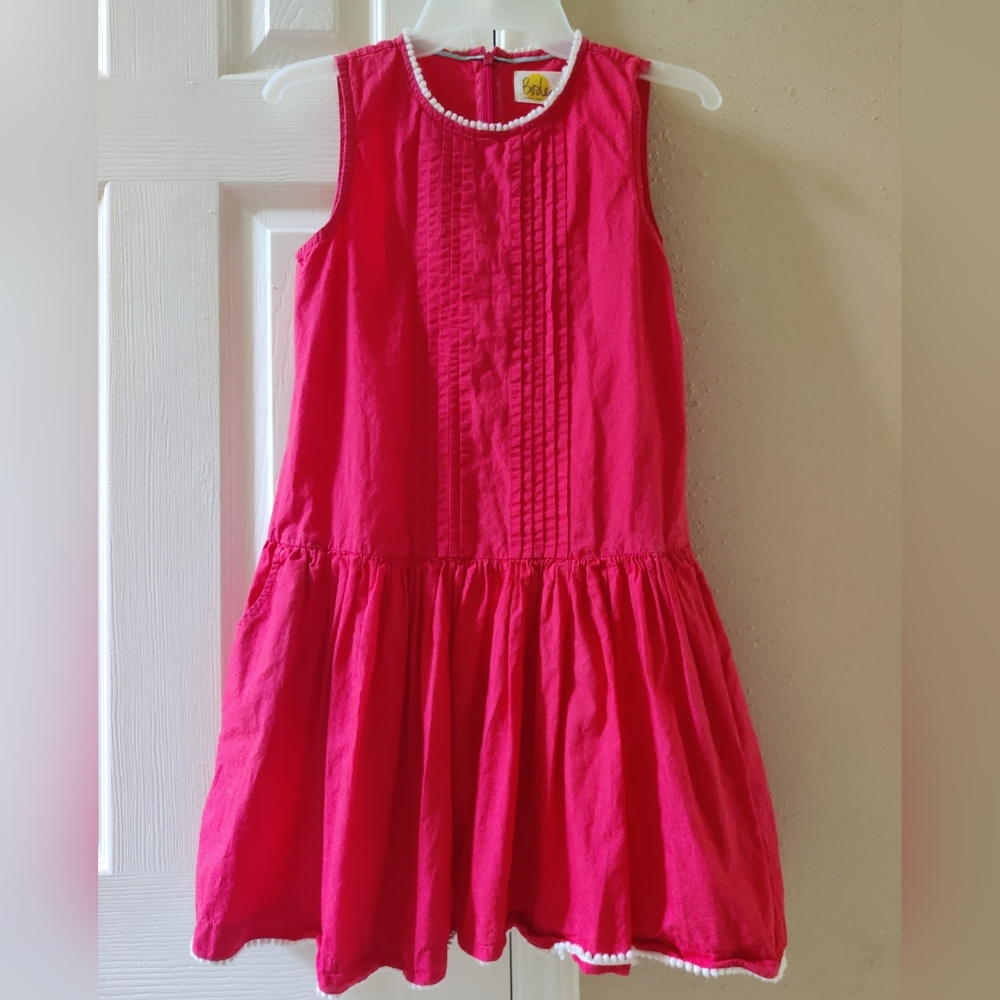 Boden Girl's Red Dropwaist Dress with White Pompom Trim 11-12Y NWOT